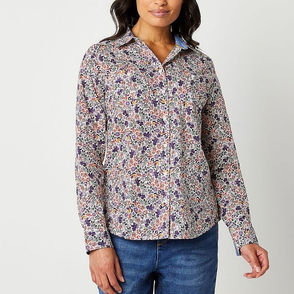 St. John's Bay Ditsy Floral Cotton Long Sleeve Regular‎ Fit Button-Down Shirt XL